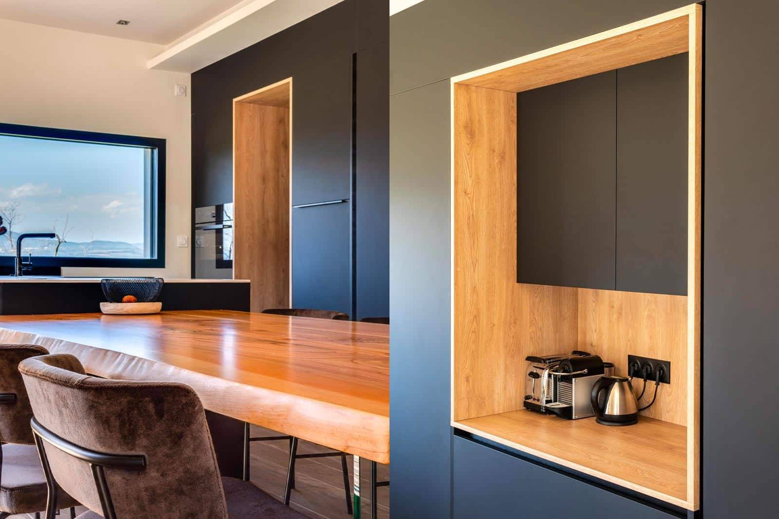 Conception sur mesure à Sanary sur mer dans le Var d'une cuisine haut de gamme avec un mélange de surfaces design et rustiques.